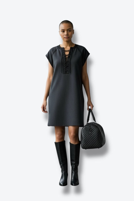 2000s Bottega Veneta Charcoal Dress Designer Lace Up Shift Dress