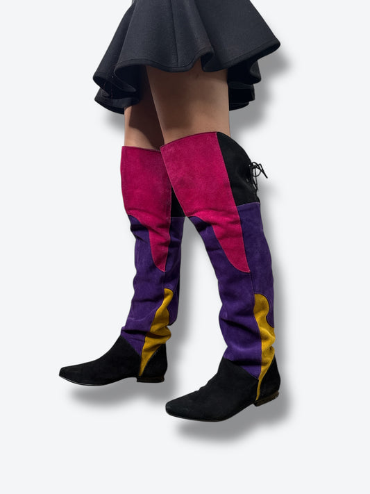 1980s Multi Colored Suede Knee High Corset  Booties