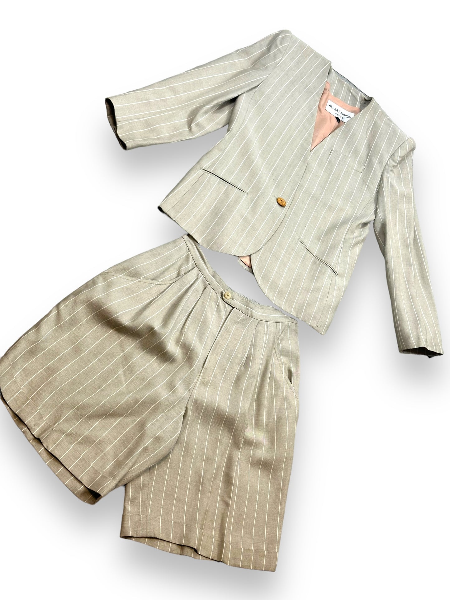 1980s Albert Nipon Oat + Pinstripe Linen Short Suit