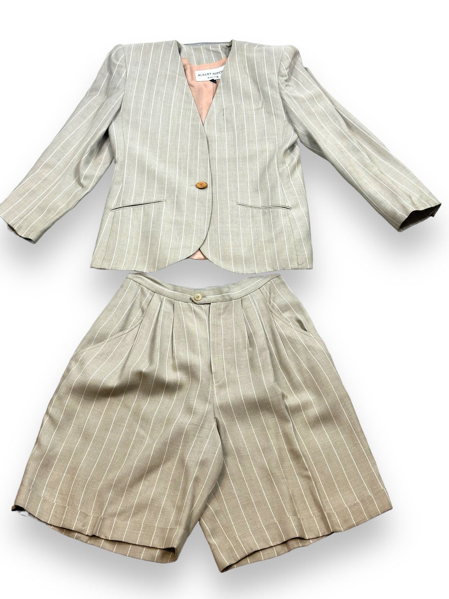 1980s Albert Nipon Oat + Pinstripe Linen Short Suit