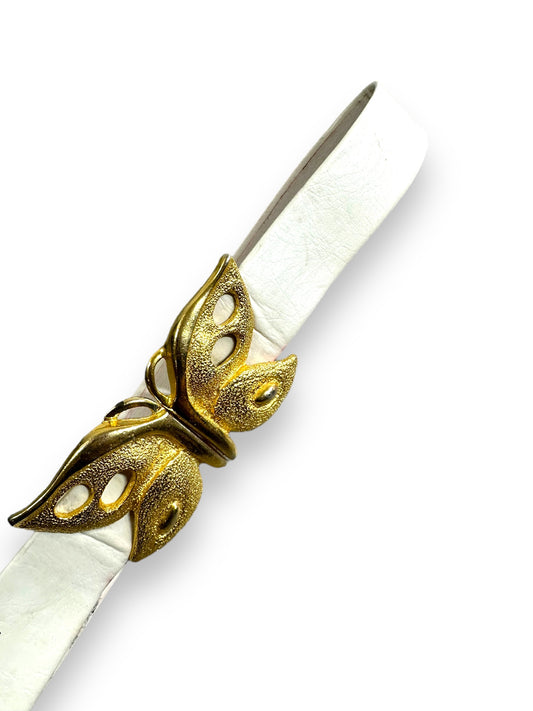 1970s Gold Butterfly White Leather Adjustable Belt