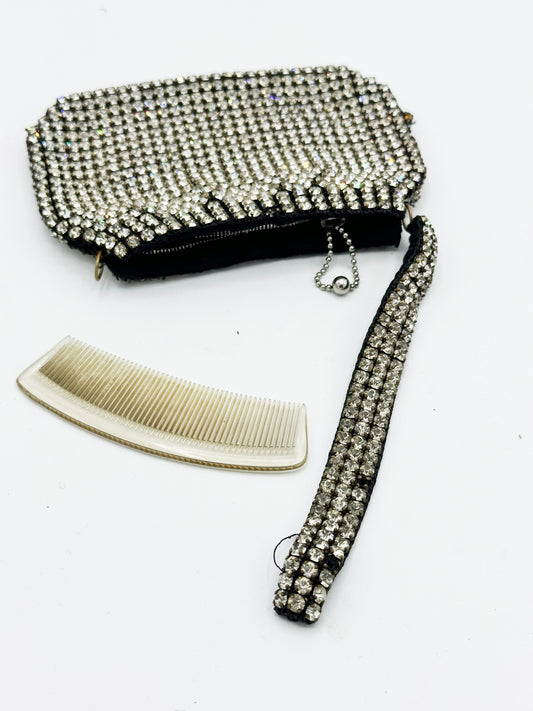 1940's Rhinestone Zip and Comb Wristlet (As Is)