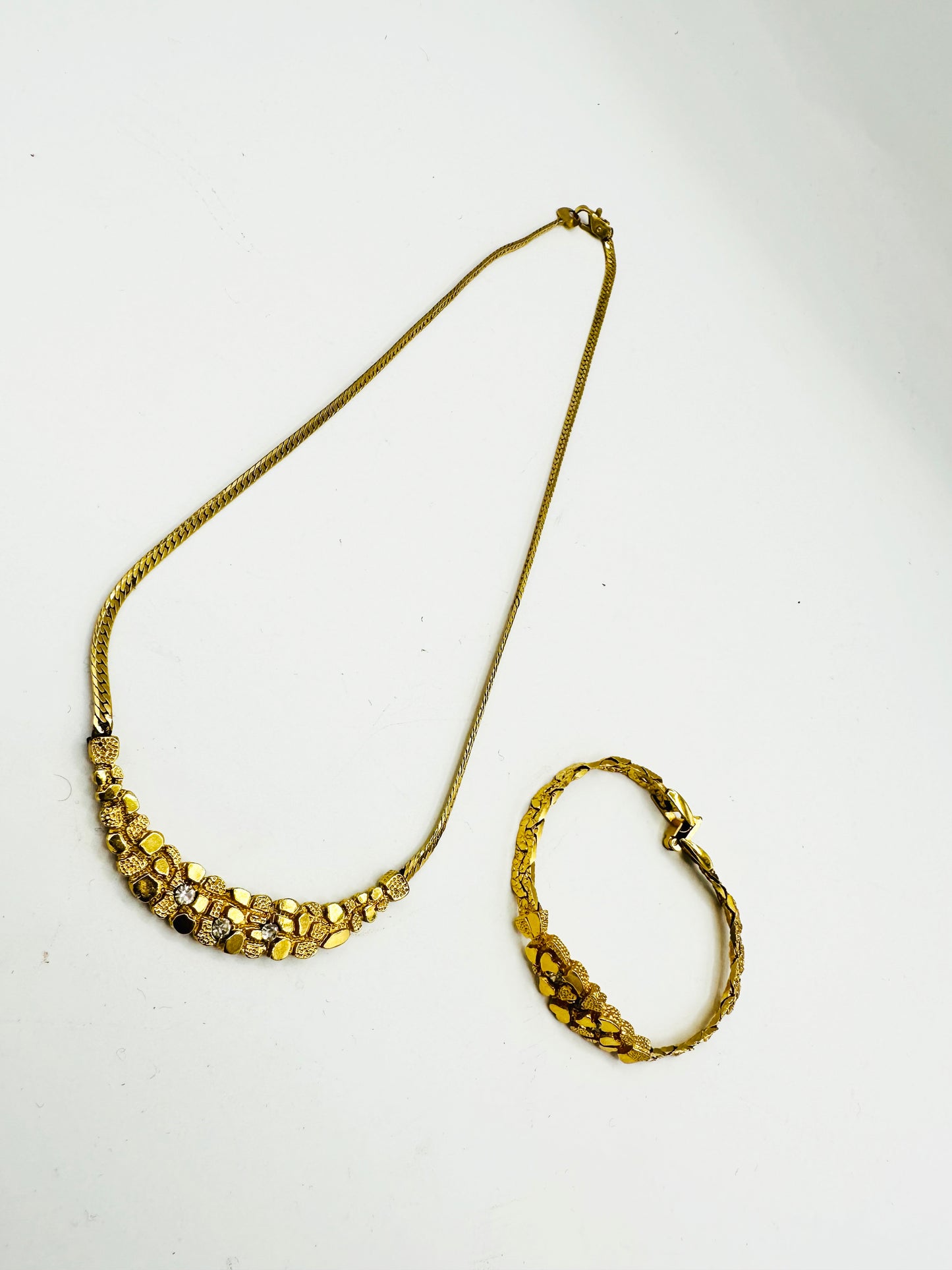 1970s Gold Crushed Heart Necklace and Bracelet Set (Unsigned)