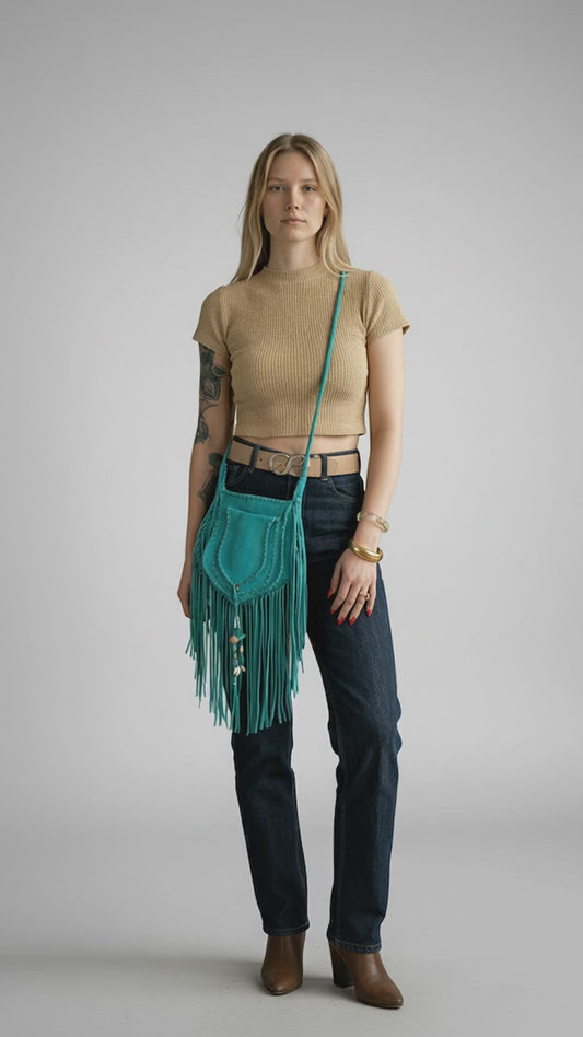 1970s Turquoise Fringe Crossbody – Bohemian Leather Festival Bag