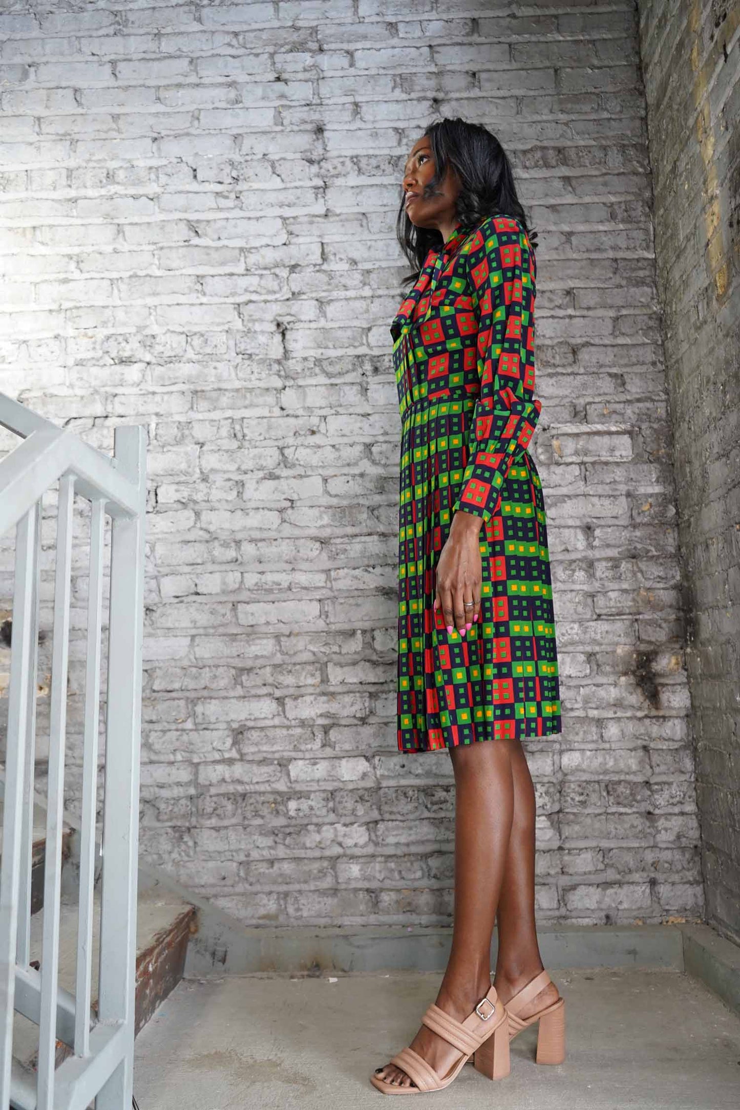 Victor Costas Green and Red Printed Dress