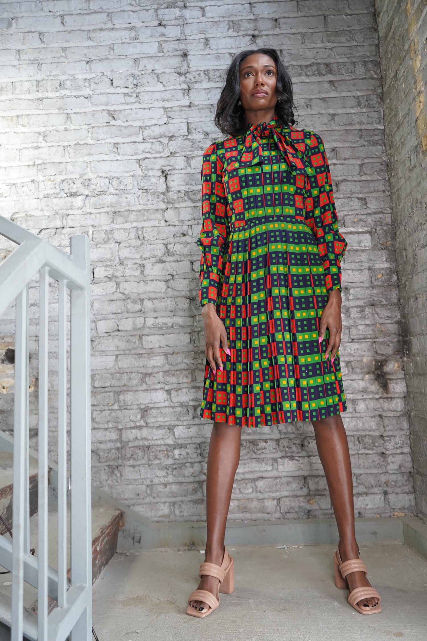 Victor Costas Green and Red Printed Dress